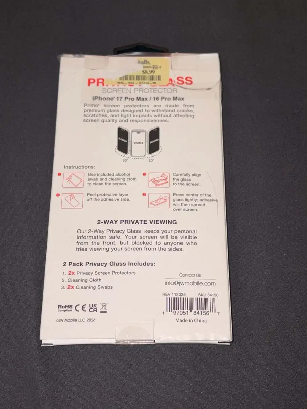 Primo 2-Pack Privacy Glass Screen Protector for iPhone 17 Pro Max / 16 Pro Max